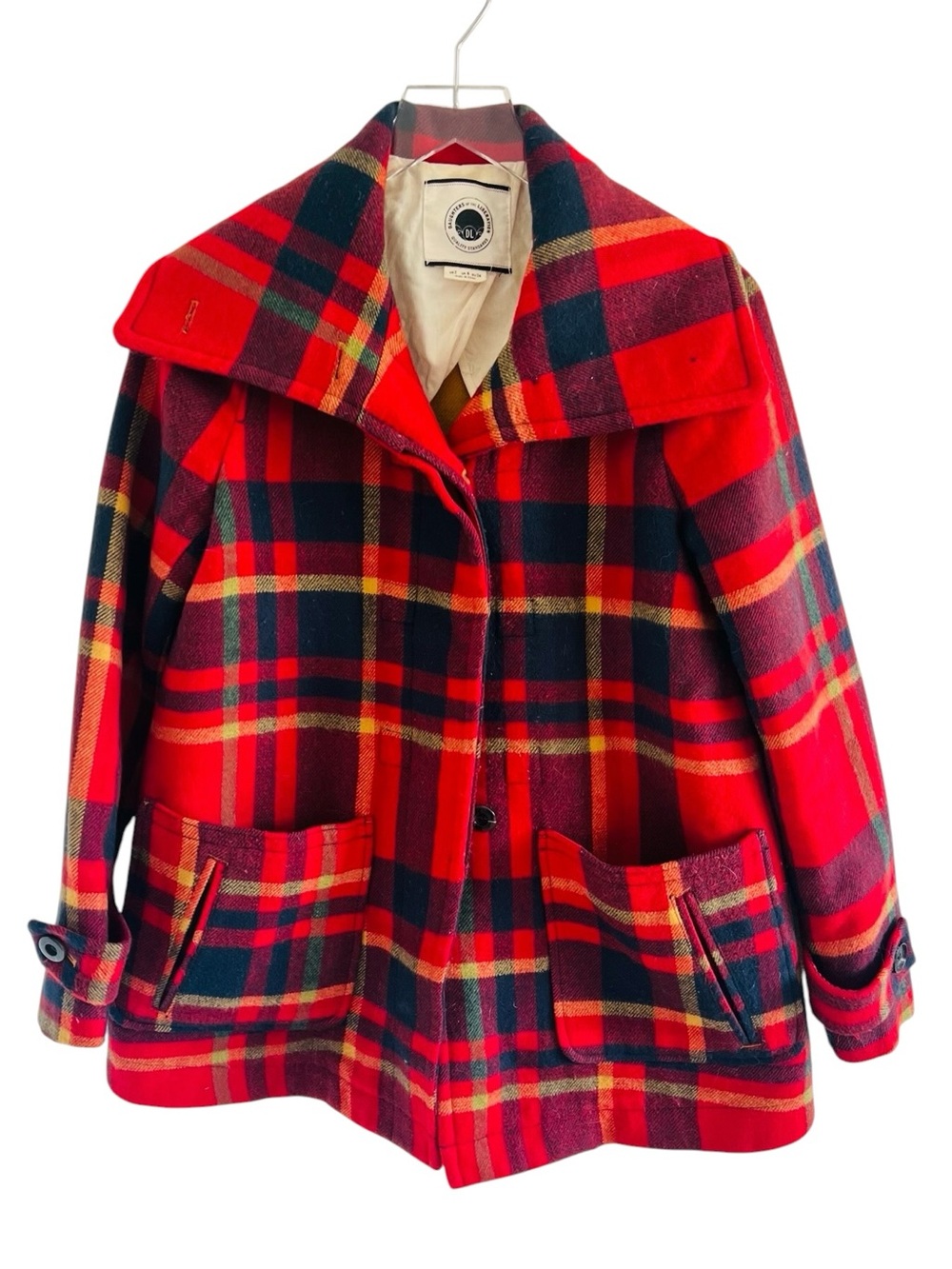 Anthropologie Red Plaid Wool-Blend Peacoat Jacket